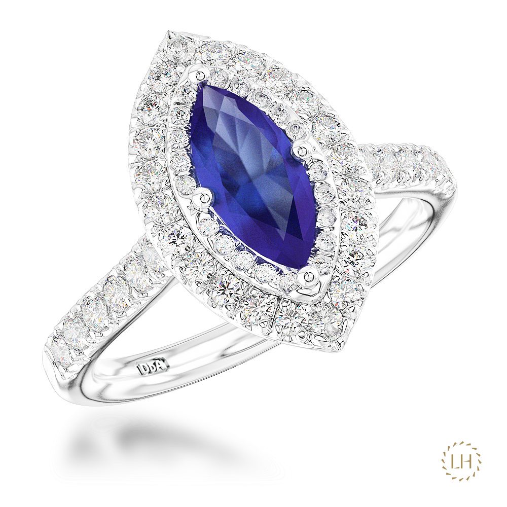 Cluster Marquise cut Sapphire engagement ring in a Platinum Claw Set on a Platinum Diamond Band Total diamond weight: 0.88ct