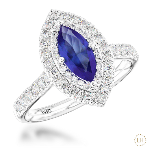Cluster Marquise cut Sapphire engagement ring in a Platinum Claw Set on a Platinum Diamond Band Total diamond weight: 0.88ct