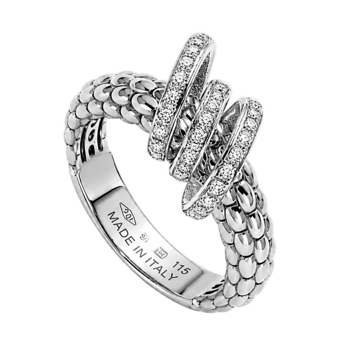 Three pavé-set diamond rondels totalling 0.12ct bring refined sparkle to this FOPE Solo ring, beautifully crafted in flexible 18ct white gold.