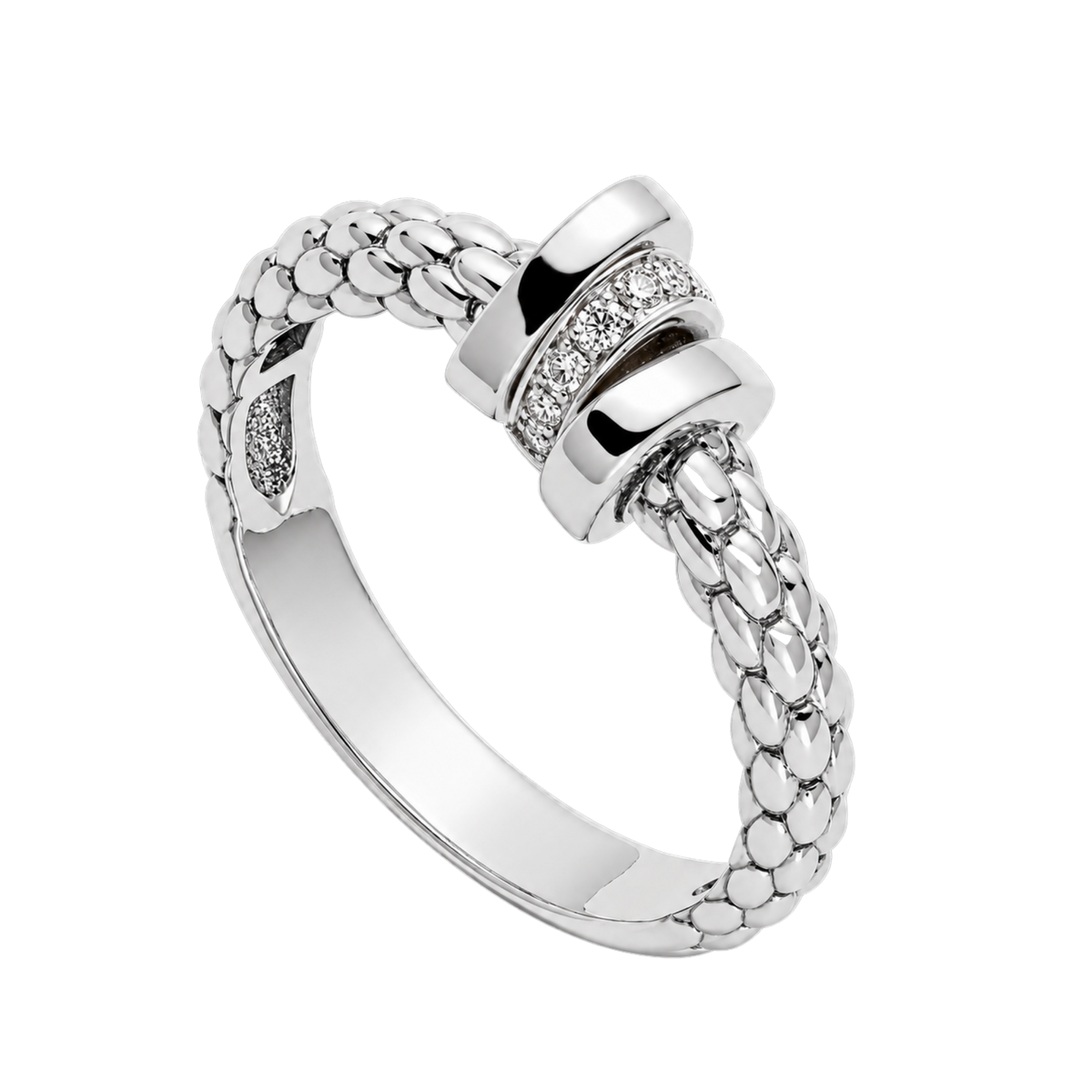 A delicate 0.05ct diamond detail brings understated sparkle to this FOPE Prima ring, beautifully crafted in polished 18ct white gold.