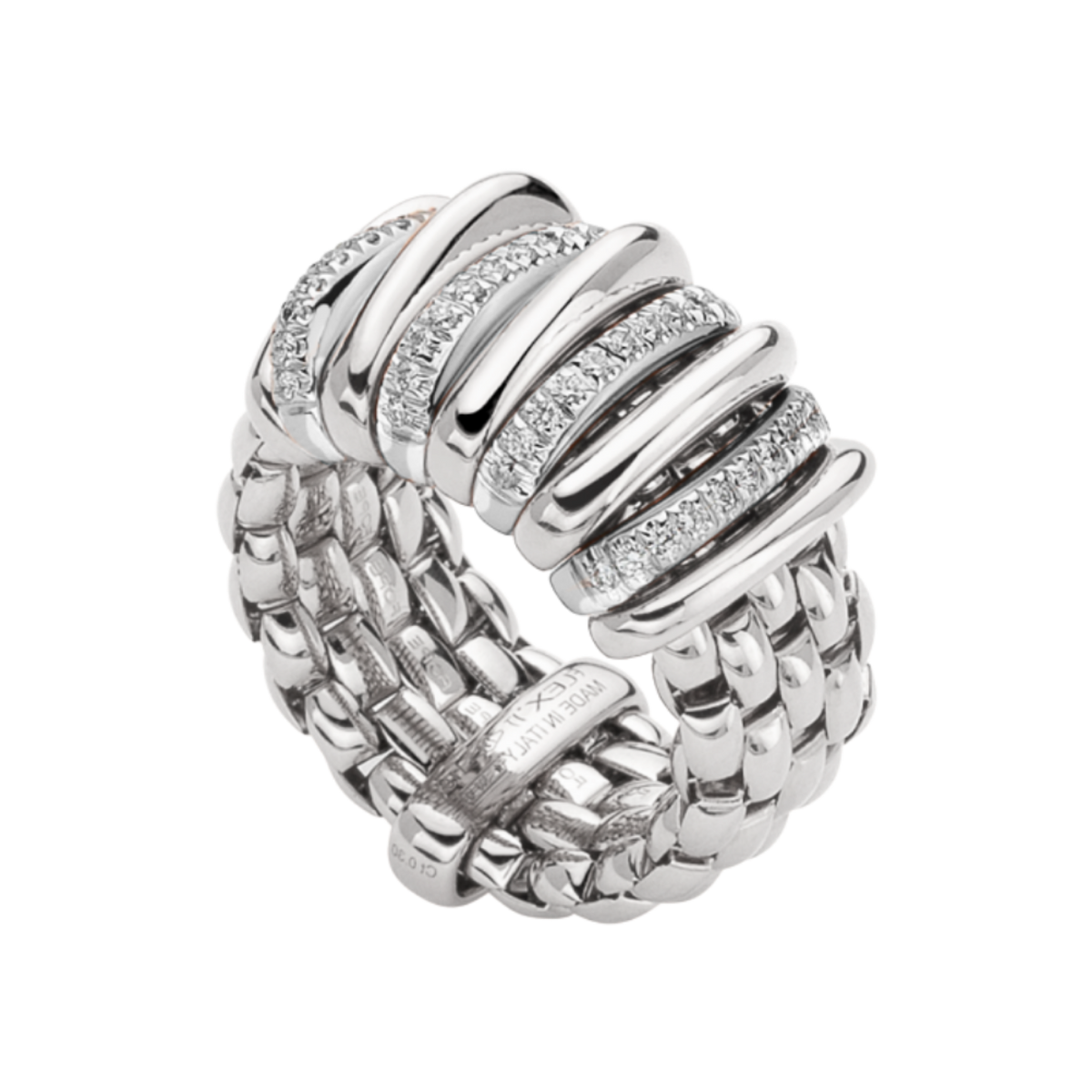 Three white gold diamond-set rondels bring brilliant sparkle to this medium FOPE Panorama ring, beautifully crafted in flexible 18ct white gold.