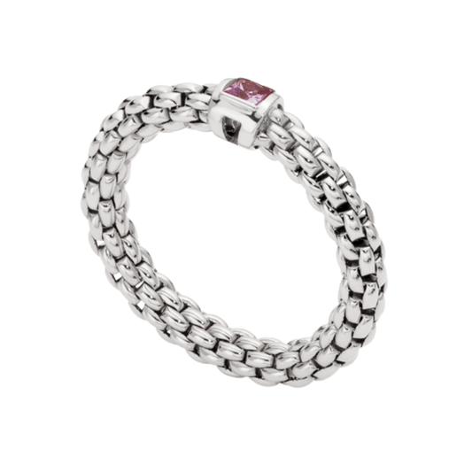 A princess-cut pink sapphire adds a delicate pop of colour to this FOPE Souls Flex'it ring, beautifully crafted in luxurious 18ct white gold.