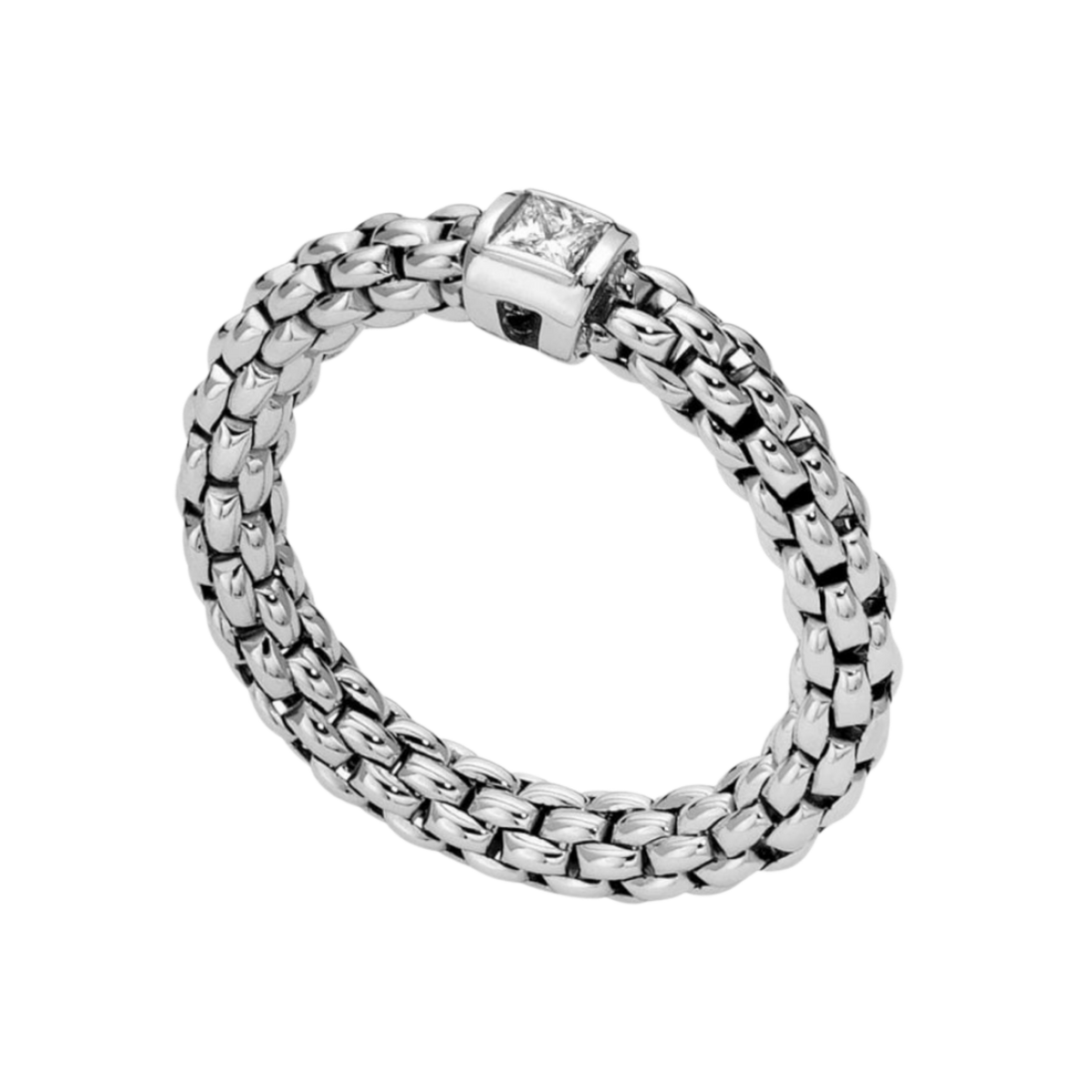 Crafted in 18ct white gold, this medium FOPE Souls ring is finished with a single 0.09ct princess-cut diamond, symbolising timeless elegance.
