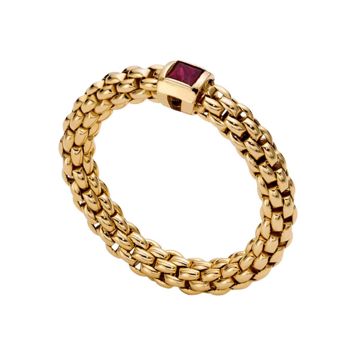 A vibrant ruby sits at the centre of this medium FOPE Souls ring, crafted in polished 18ct yellow gold with the collection's signature flexible design.