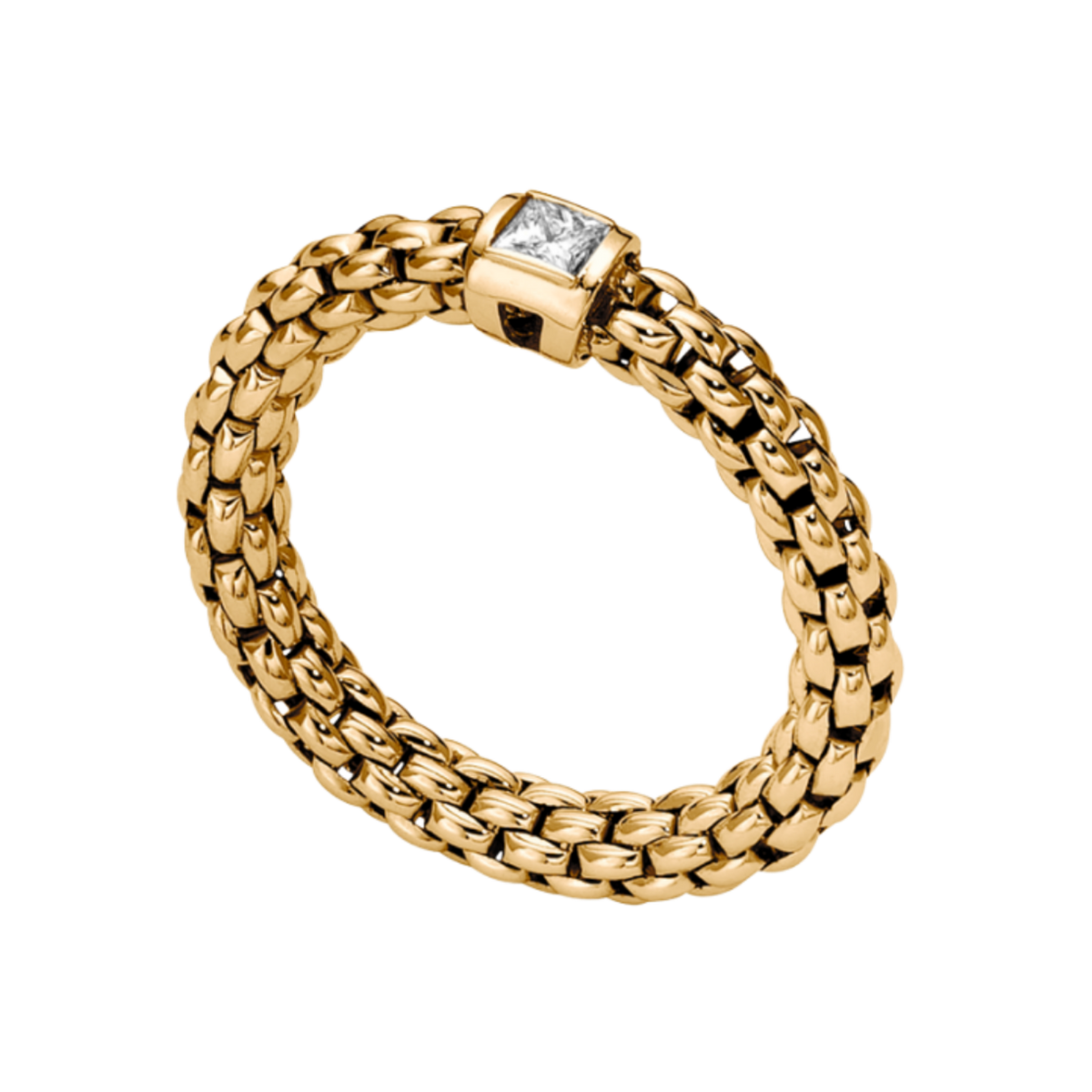 A single 0.09ct white diamond brings understated brilliance to this medium FOPE Souls ring, beautifully crafted in luxurious 18ct yellow gold. 