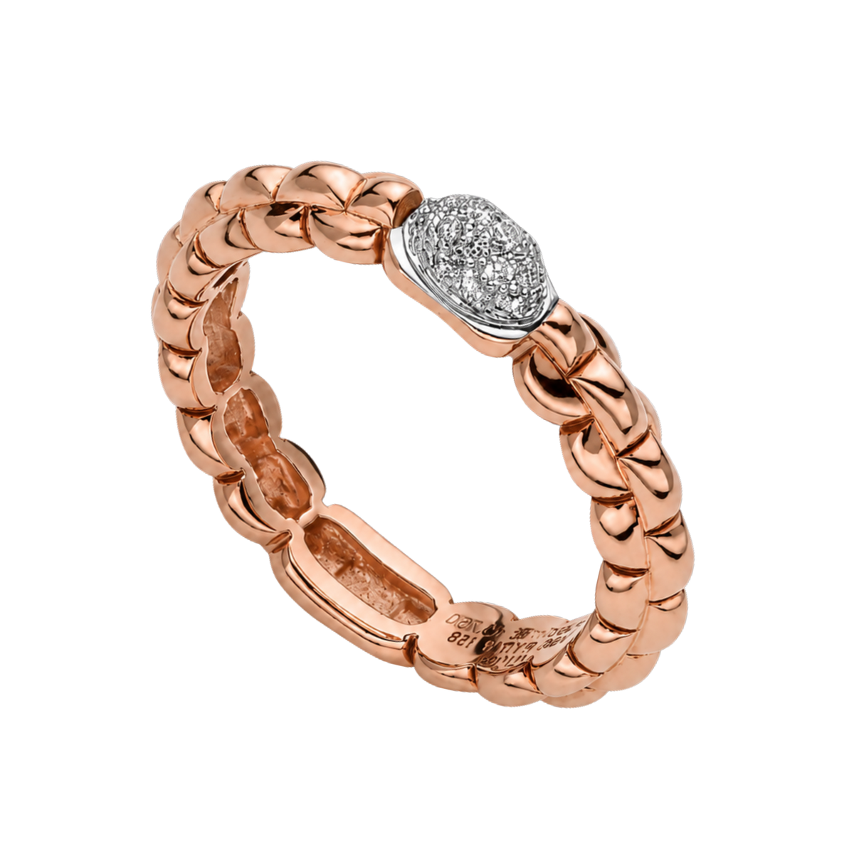 A sparkling 0.10ct diamond-set white gold rondel brings elegant contrast to this FOPE Eka Tiny ring, beautifully paired with warm 18ct rose gold.