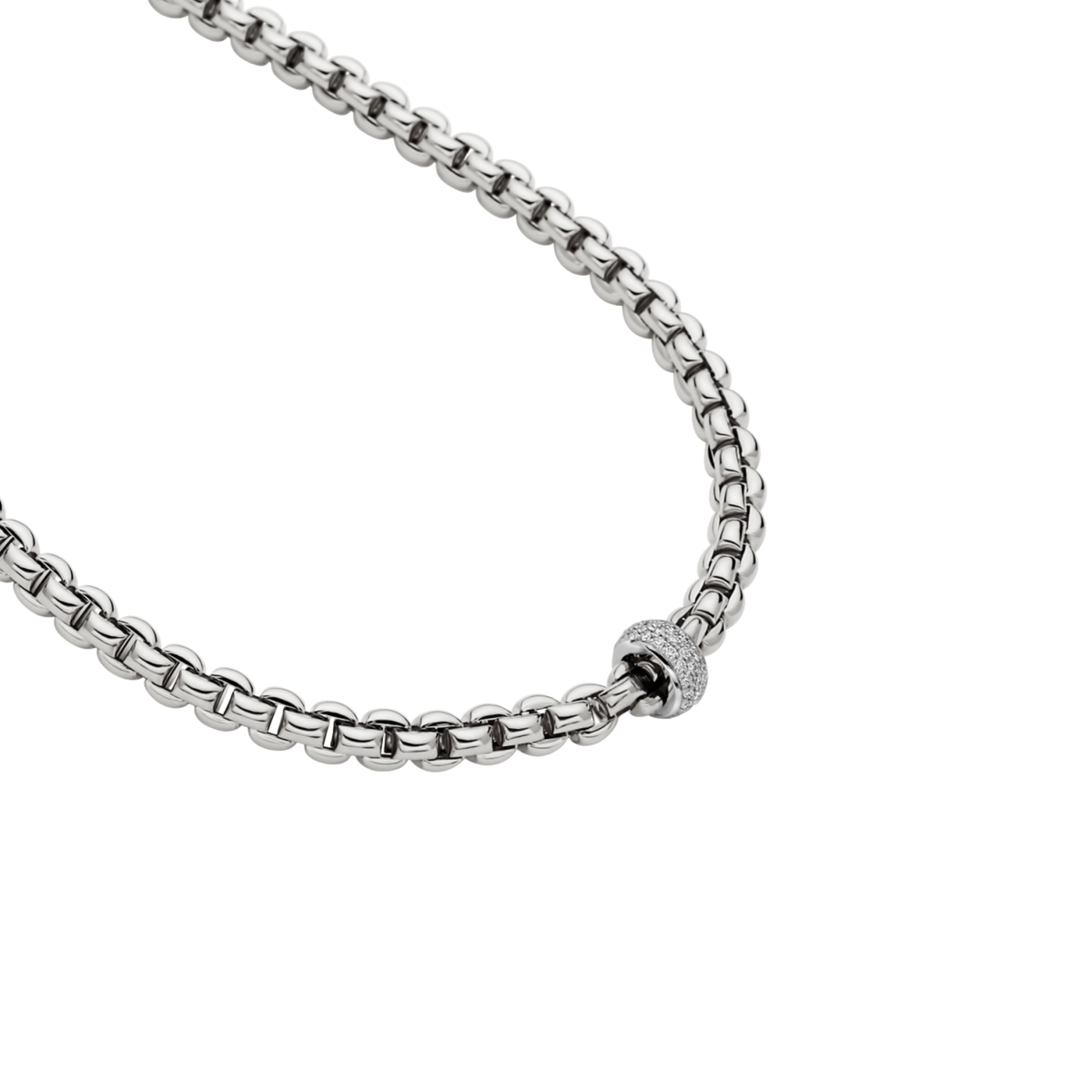 The FOPE Eka Flex’it Necklace is a refined expression of modern Italian luxury, crafted in 18ct white gold and finished with a delicate 0.37ct diamond pavé detail. Its flexible design ensures a smooth, comfortable fit at 43cm while maintaining a sleek, elegant silhouette.