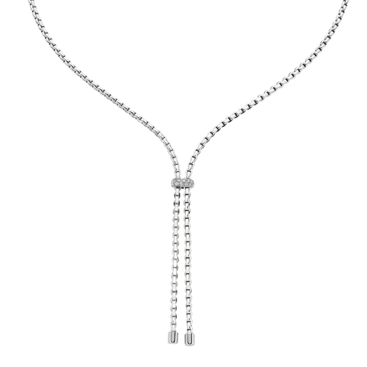 Elegant and eye catching, this FOPE Eka necklace is crafted in 18ct white gold with a graceful tassel design. Finished with 0.10ct of sparkling diamonds, it brings effortless sophistication to any look.
