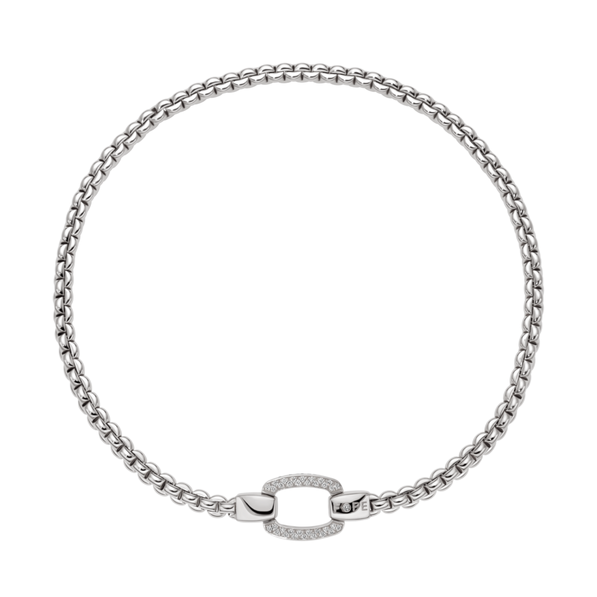 Elegant and beautifully crafted, this FOPE Prima Flex'it necklace is made from 18ct white gold and finished with a dazzling 0.65ct diamond pavé clasp. Its flexible design offers exceptional comfort with unmistakable Italian style.