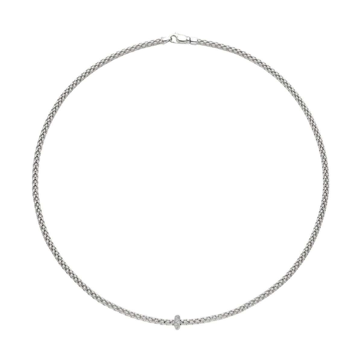 Elegant and effortlessly refined, this FOPE Prima Flex'it necklace is crafted in 18ct white gold with a sparkling 0.18ct diamond set rondel. Its flexible design offers exceptional comfort for everyday luxury.