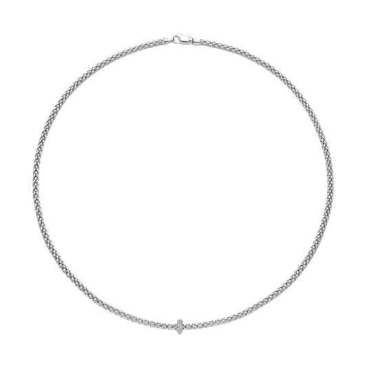 Elegant and effortlessly refined, this FOPE Prima Flex'it necklace is crafted in 18ct white gold with a sparkling 0.18ct diamond set rondel. Its flexible design offers exceptional comfort for everyday luxury.