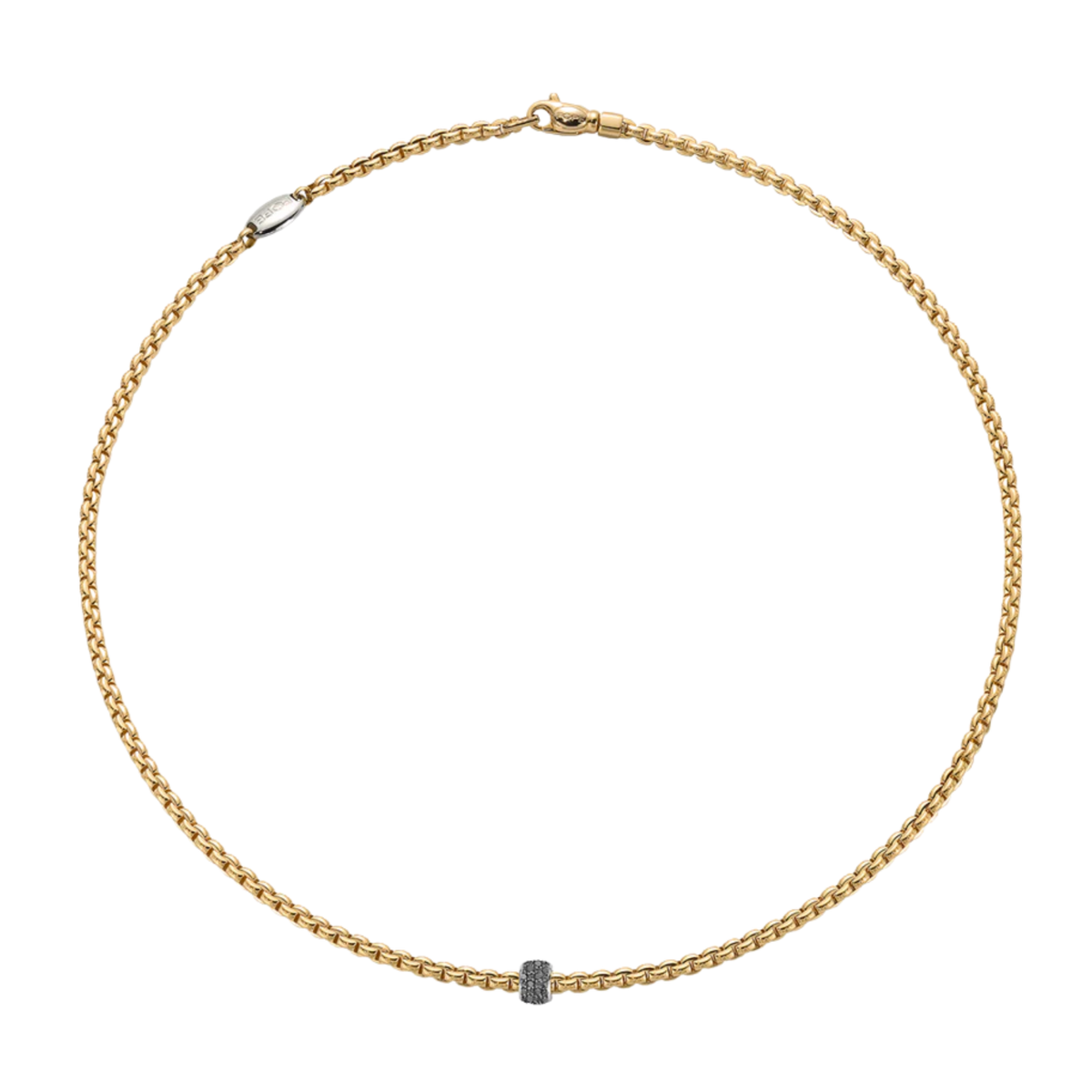 Bold and beautifully refined, this FOPE Eka Flex'it necklace is crafted in 18ct yellow gold and finished with a striking 0.20ct black diamond pavé rondel. 