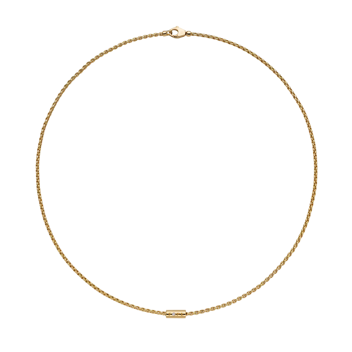 Elegant and understated, this FOPE Aria necklace is crafted in 18ct yellow gold and finished with a delicate 0.02ct diamond. Its 43cm length makes it a timeless piece for effortless everyday wear.
