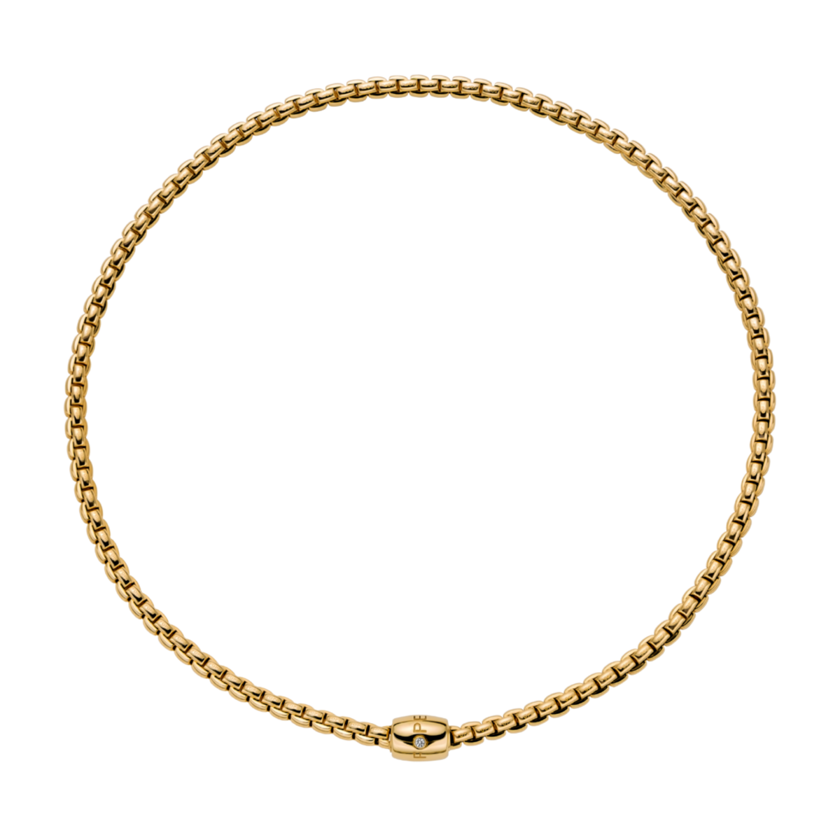 Crafted in 18ct yellow gold, this FOPE Eka necklace is finished with a sparkling 0.10ct diamond set white gold rondel. The 43cm length creates an elegant fit that's perfect for everyday wear.