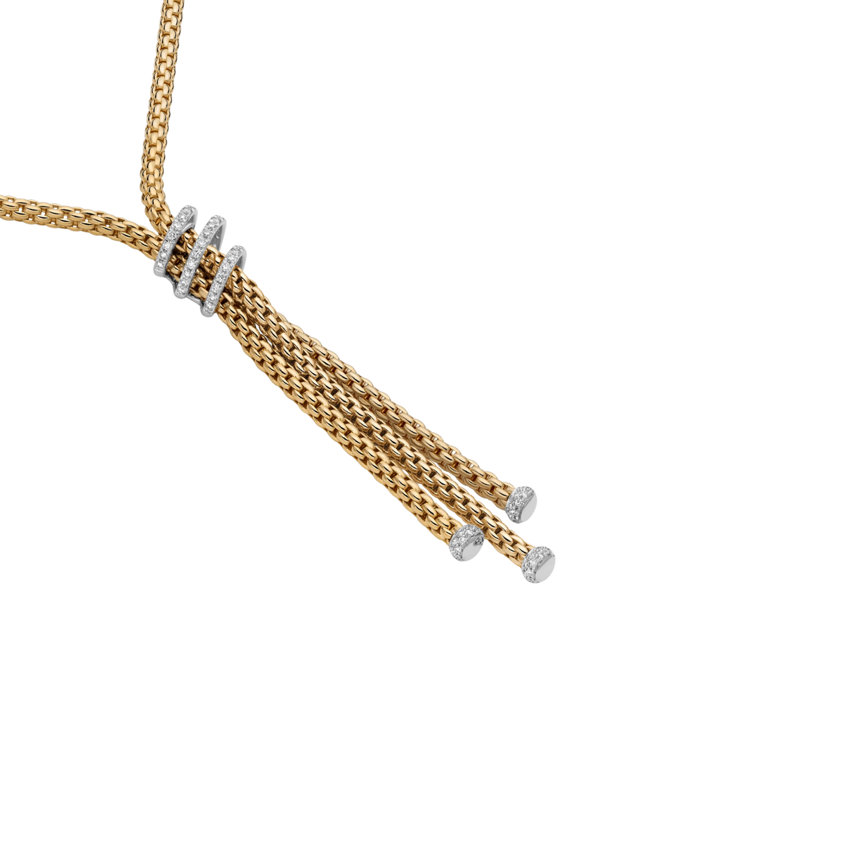 From the Prima collection, this 43cm lariat necklace combines FOPE's signature flexible gold mesh with sparkling diamond pavé detailing. Beautifully balanced, it's designed to make an elegant statement.
