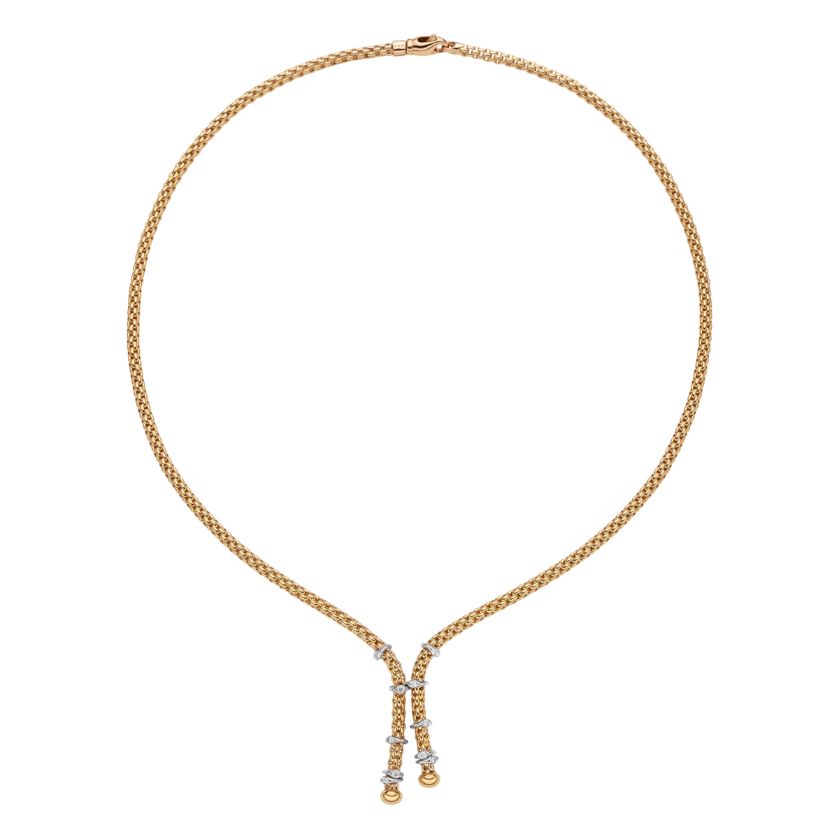 Crafted in 18ct yellow gold, this FOPE Prima Flex'it necklace features ten white gold rondels set with 0.14ct of brilliant cut diamonds. Measuring 43cm, it combines signature flexibility with elegant everyday style.