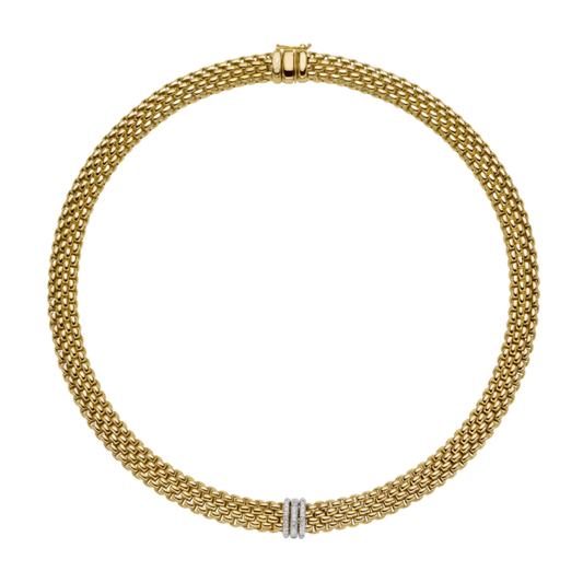 Crafted in 18ct yellow and white gold, this FOPE Prima Flex'it necklace blends contemporary Italian design with timeless elegance. 