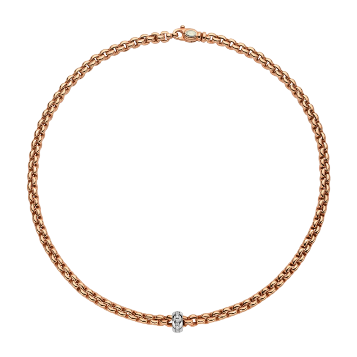 Crafted in 18ct rose gold, this FOPE Eka Flex'it necklace is accented with a white gold rondel set with 0.15ct of brilliant diamonds. Its flexible design offers exceptional comfort while bringing effortless elegance to any occasion.