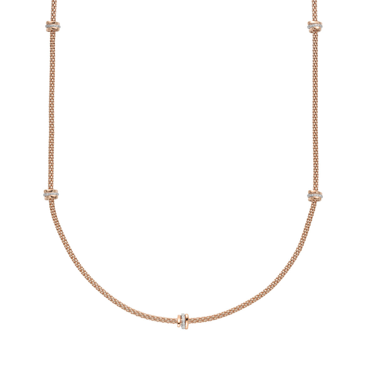 Crafted in 18ct rose and white gold, this FOPE Prima necklace is adorned with diamond set rondels totalling 0.53ct. Measuring 80cm, it can be worn long or doubled for a beautifully layered finish.