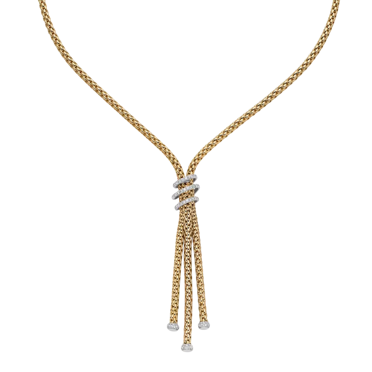 Elegant and eye catching, this FOPE Prima Flex'it lariat necklace is crafted in 18ct yellow gold and finished with 0.49ct of brilliant diamonds. Its flowing design creates a graceful look with effortless sophistication.