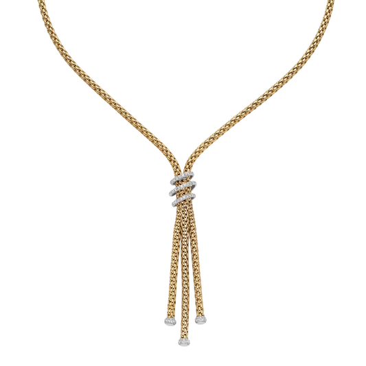 Elegant and eye catching, this FOPE Prima Flex'it lariat necklace is crafted in 18ct yellow gold and finished with 0.49ct of brilliant diamonds. Its flowing design creates a graceful look with effortless sophistication.