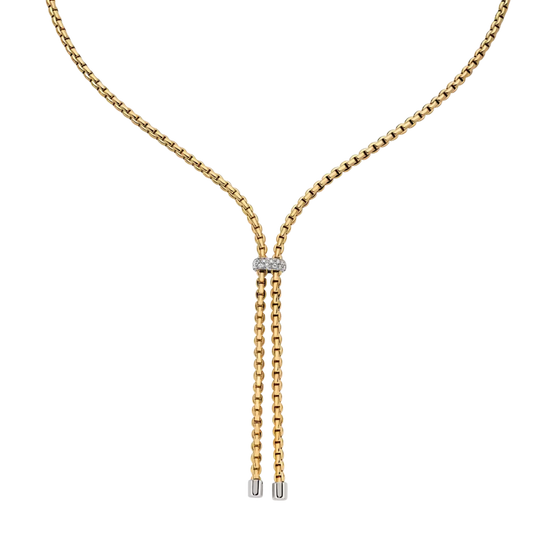 Crafted in 18ct yellow gold, this FOPE Eka necklace is finished with a sparkling 0.10ct diamond set white gold rondel. The 43cm length creates an elegant fit that's perfect for everyday wear.