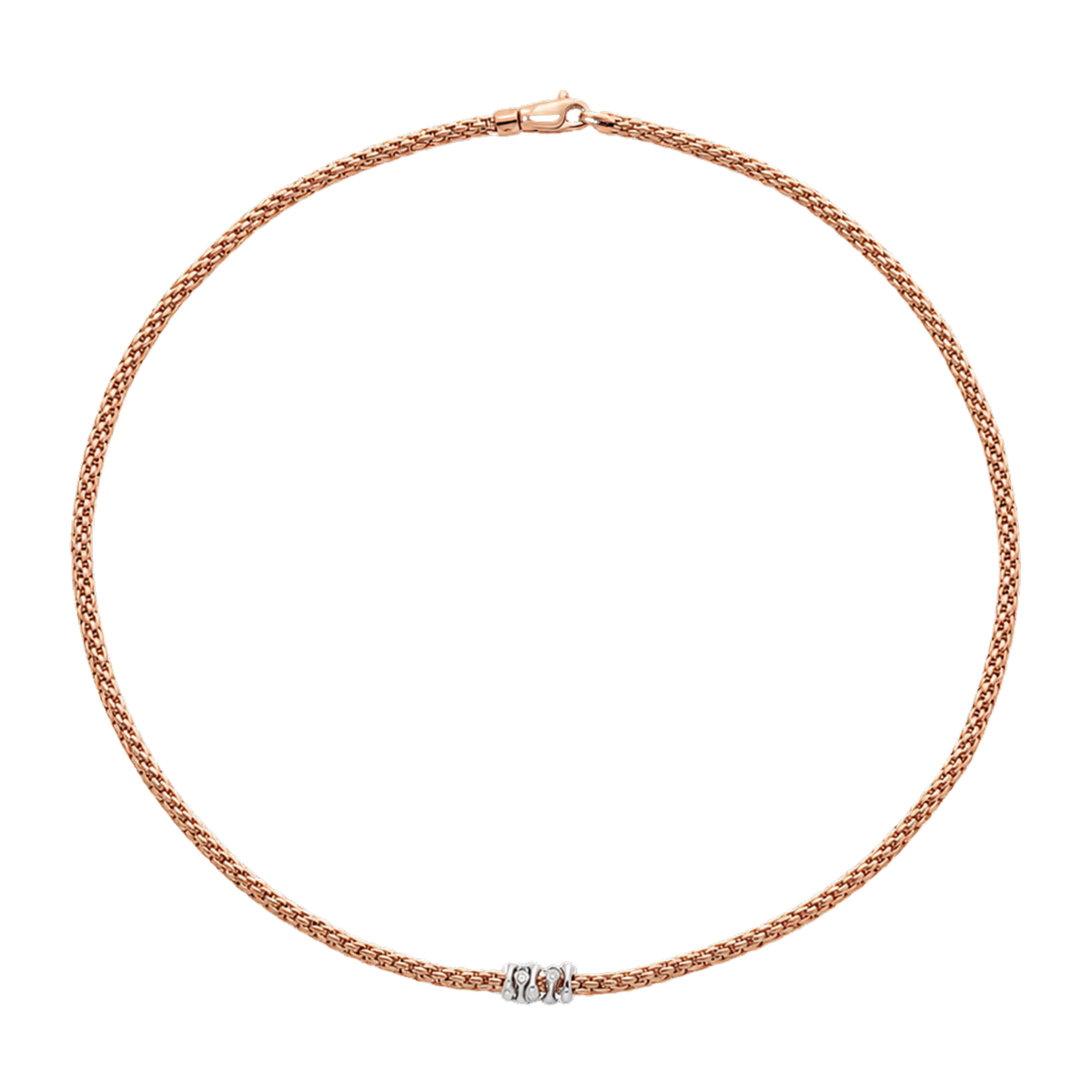 Crafted in 18ct rose gold, this FOPE Prima Flex'it necklace is finished with white gold rondels set with 0.20ct of brilliant cut diamonds.