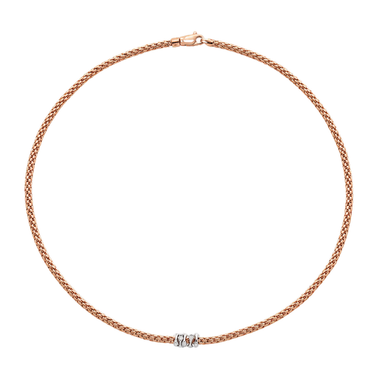 Crafted in 18ct rose gold, this FOPE Prima Flex'it necklace is finished with white gold rondels set with 0.20ct of brilliant cut diamonds.