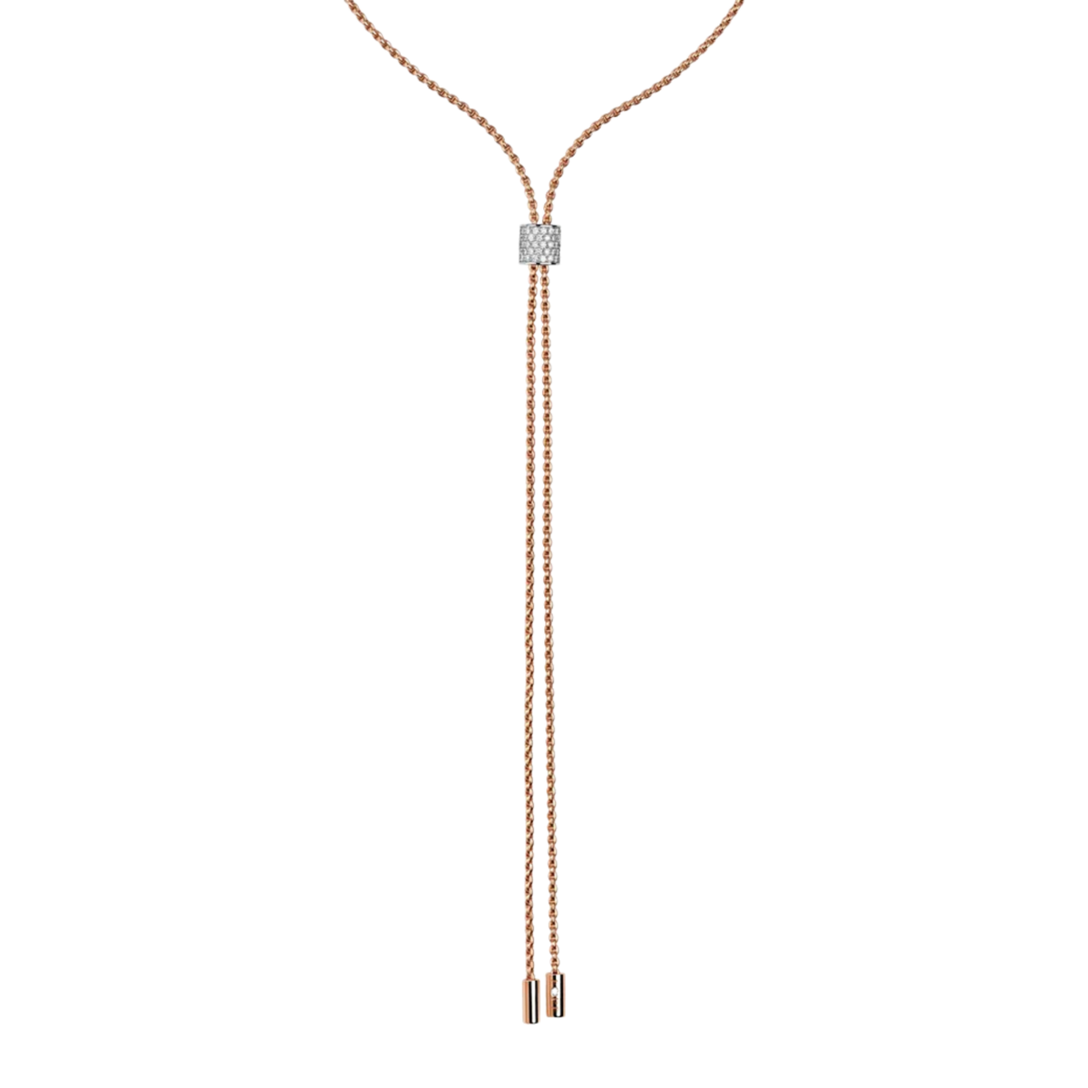 Crafted in 18ct rose gold and white gold, this FOPE Aria Y-necklace features a refined diamond pavé section totalling 0.48ct. Its elegant 70cm length creates a fluid, elongated silhouette that feels both modern and timeless.