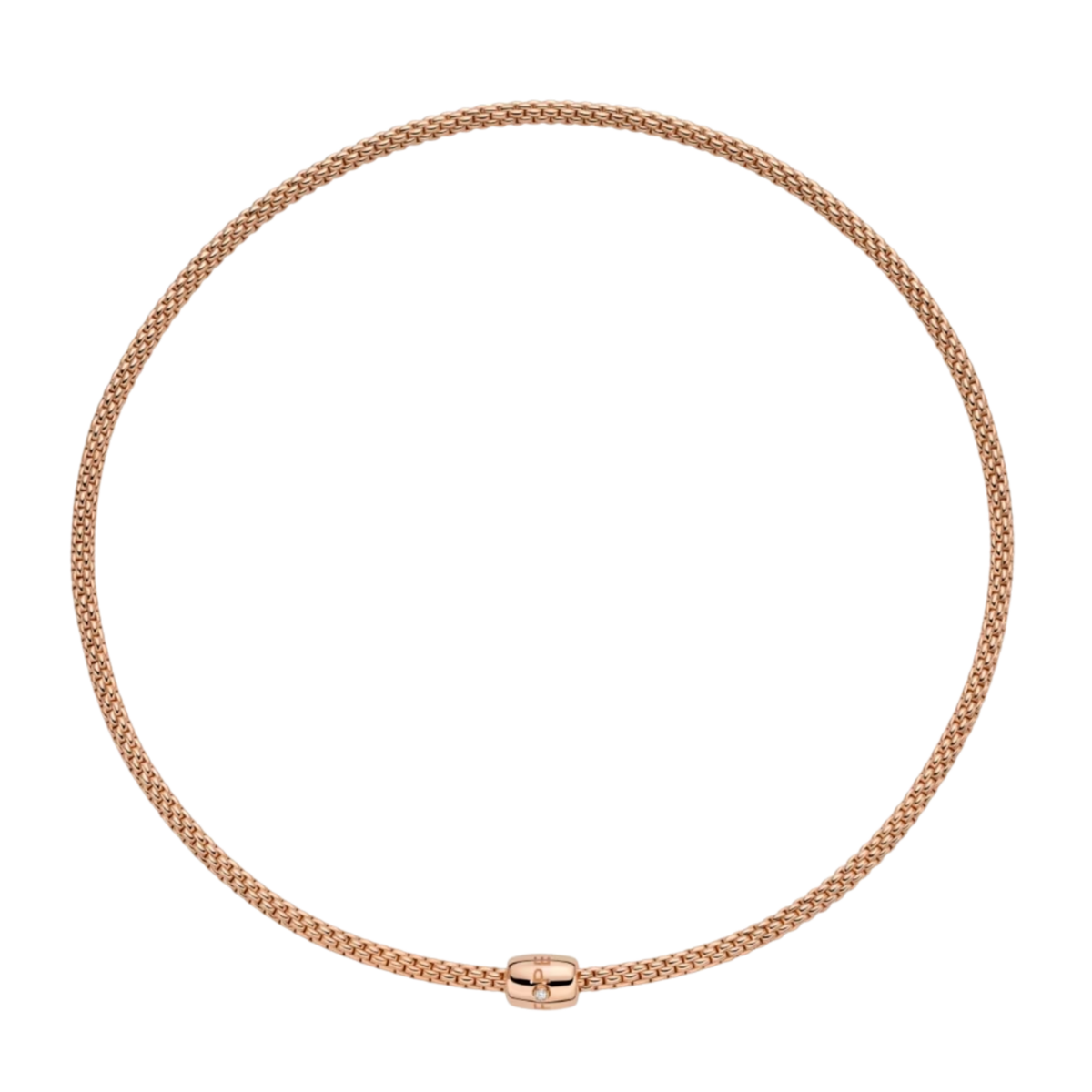Elegant and understated, this 40cm FOPE Flex’it necklace combines warm 18ct rose gold with a subtle 0.01ct diamond detail in the clasp.