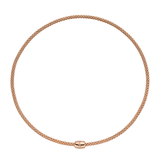 Elegant and understated, this 40cm FOPE Flex’it necklace combines warm 18ct rose gold with a subtle 0.01ct diamond detail in the clasp.