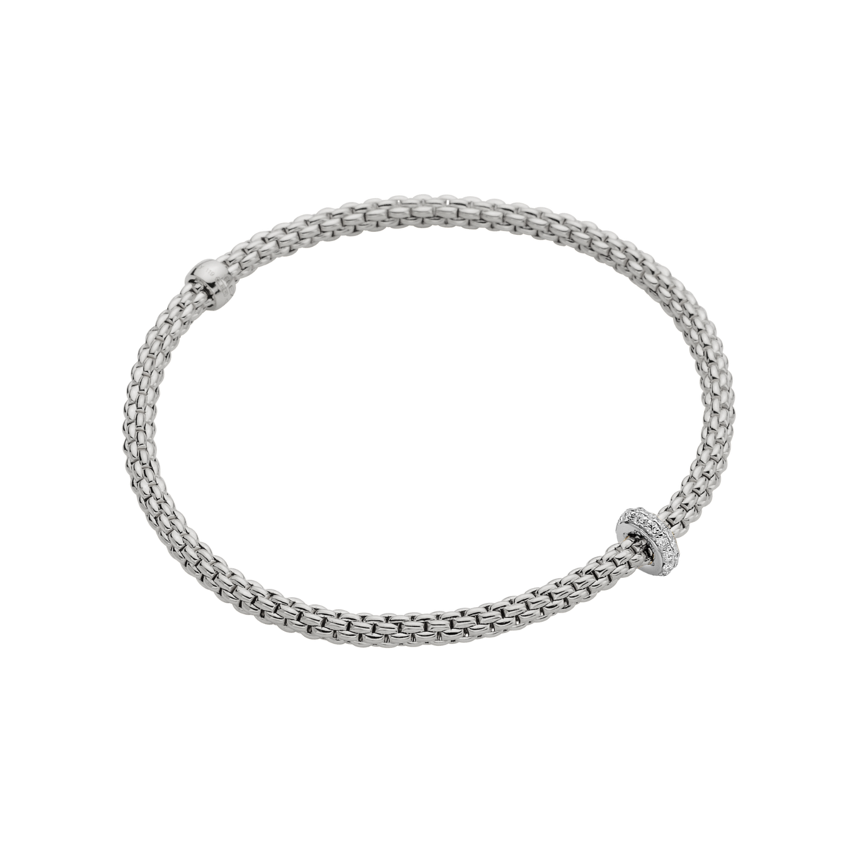 A clean expression of modern luxury, this FOPE Prima bracelet in 18ct white gold is set with 0.18ct of pavé diamonds. Its flexible construction moves naturally with the wrist, giving a soft, almost weightless feel in a Medium fit.