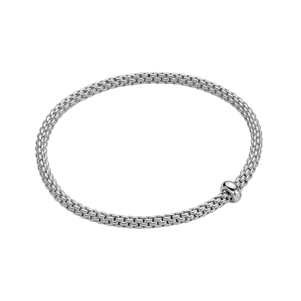 Quietly luxurious, this FOPE Eka bracelet is crafted in polished 18ct white gold and finished with a single 0.01ct diamond. 