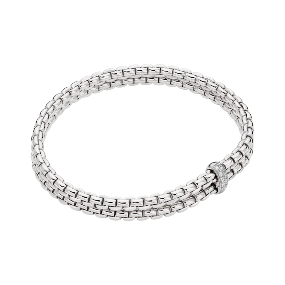 A contemporary FOPE Eka bracelet in 18ct white gold, featuring a two-row Flex'it design and a 0.10ct diamond-set rondel in a medium size.