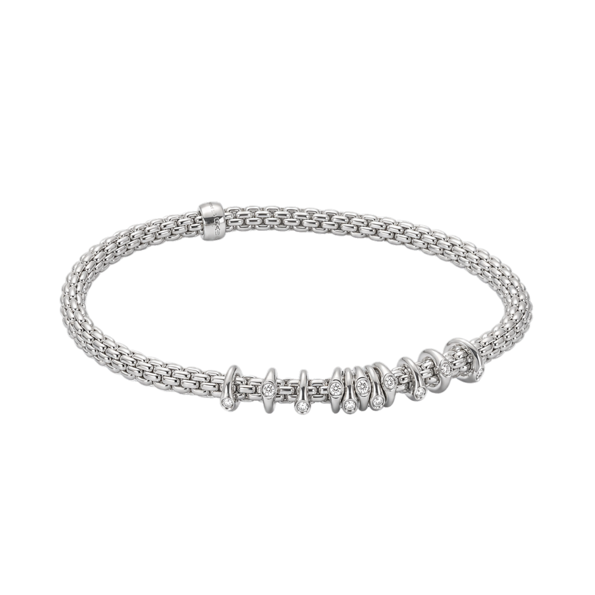 Elegant from every angle, this 18ct white gold FOPE Prima bracelet showcases multiple diamond-set rondels totalling 0.15ct on a flexible medium-sized band.