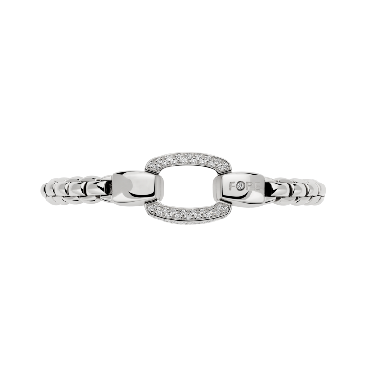 The FOPE Eka bracelet combines polished 18ct white gold with a diamond pavé clasp and the collection's signature Flex'it technology.