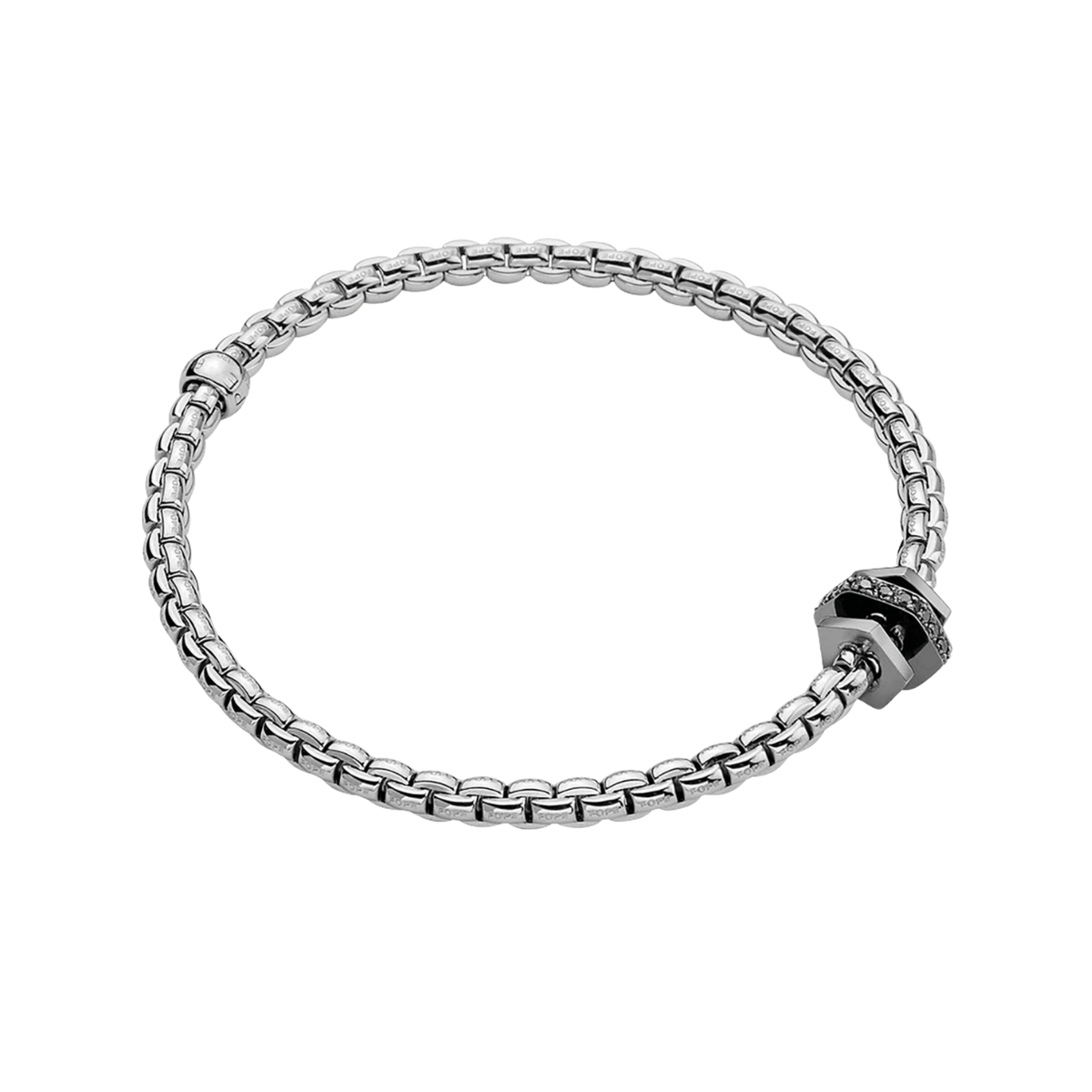 Three rows of flexible 18ct white gold give this medium FOPE Eka bracelet a bold, contemporary look, finished with a sparkling 0.14ct diamond-set detail.