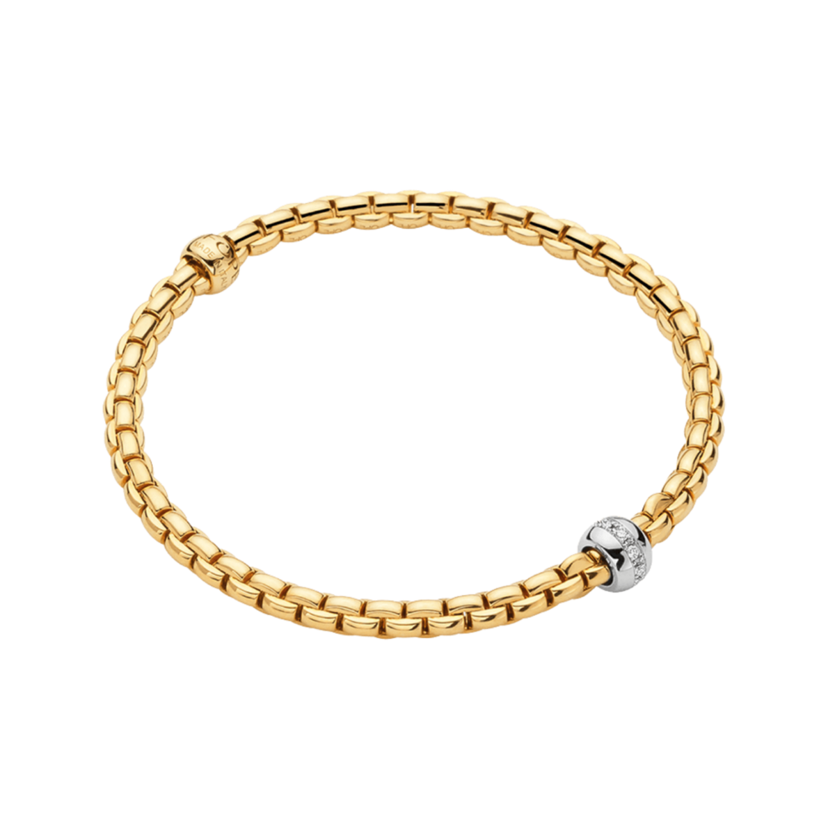 A striking contrast of yellow and white gold gives this large FOPE Eka Tiny bracelet its distinctive look, finished with a 0.07ct diamond-set rondel for added sparkle.