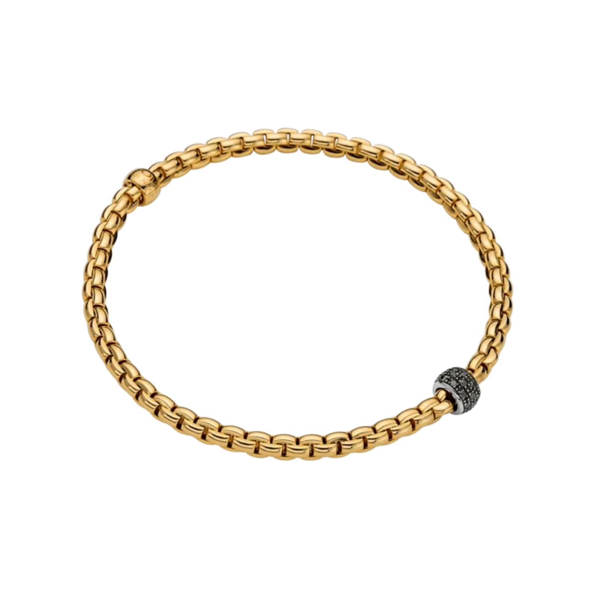 Bold black diamonds totalling 0.20ct create a striking contrast against warm 18ct yellow gold in this distinctive FOPE Eka Flex'it bracelet.