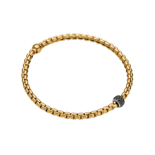 Bold black diamonds totalling 0.20ct create a striking contrast against warm 18ct yellow gold in this distinctive FOPE Eka Flex'it bracelet.