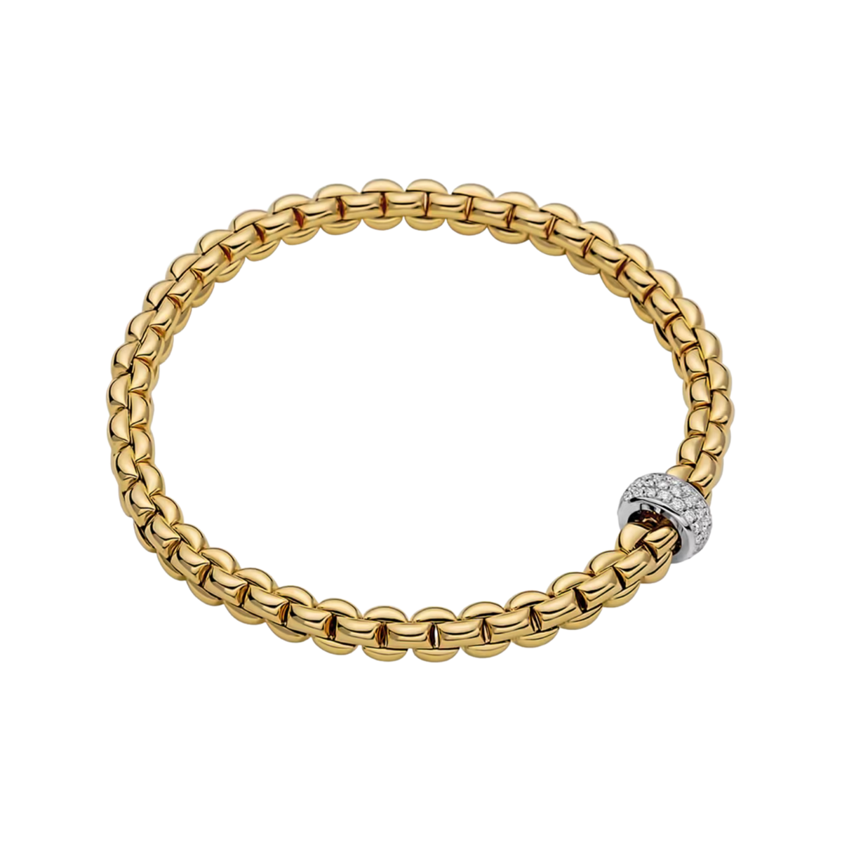 Designed to stretch comfortably over the wrist, this large FOPE Eka bracelet combines warm 18ct yellow gold with a sparkling 0.37ct diamond feature.