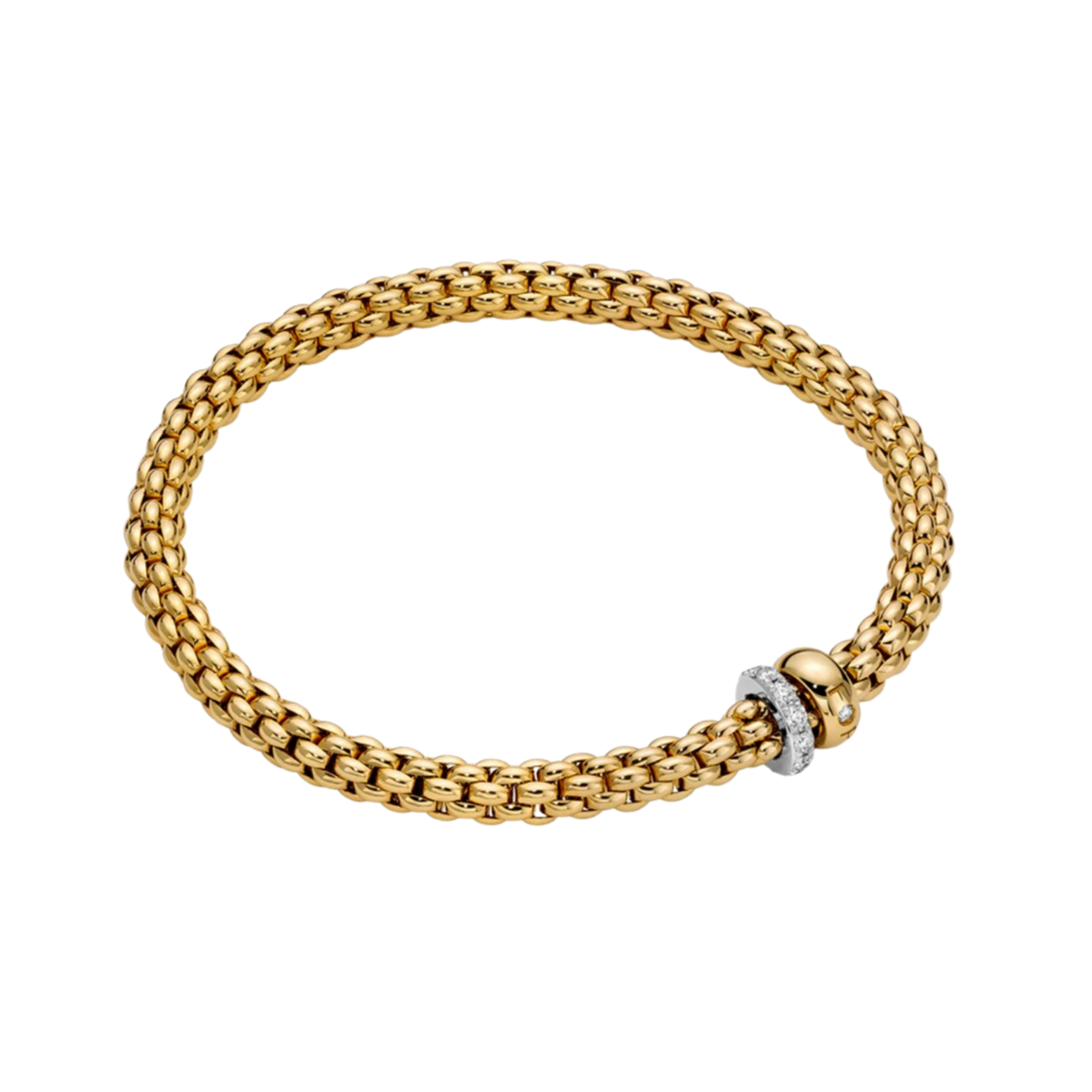 Warm 18ct yellow gold is paired with a sparkling white gold diamond rondel in this large FOPE Solo Flex'it bracelet, designed for effortless everyday comfort.