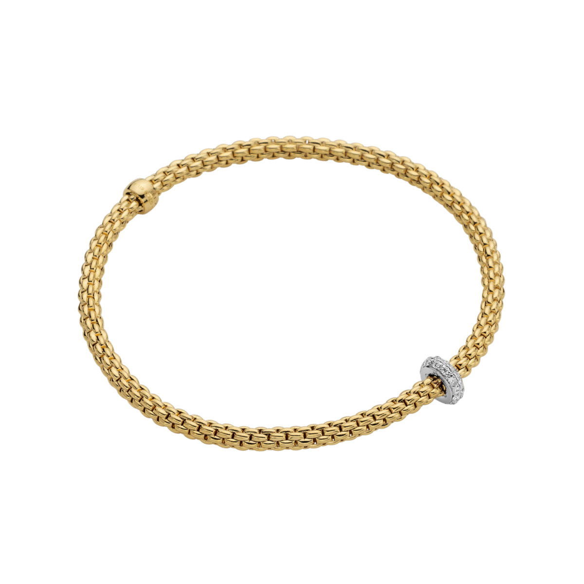 A sparkling white gold rondel set with diamonds with 18ct yellow gold bracelet.