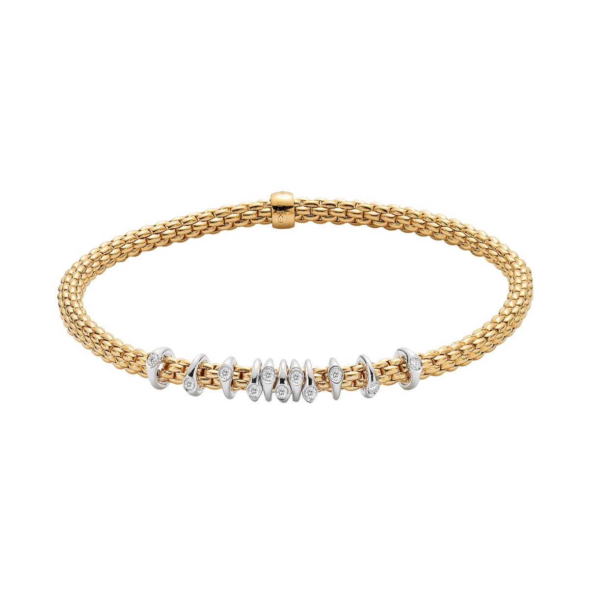 The slim Prima collection is beautifully showcased in this medium Flex'it bracelet, combining polished 18ct yellow gold with diamond-set white gold rondels.