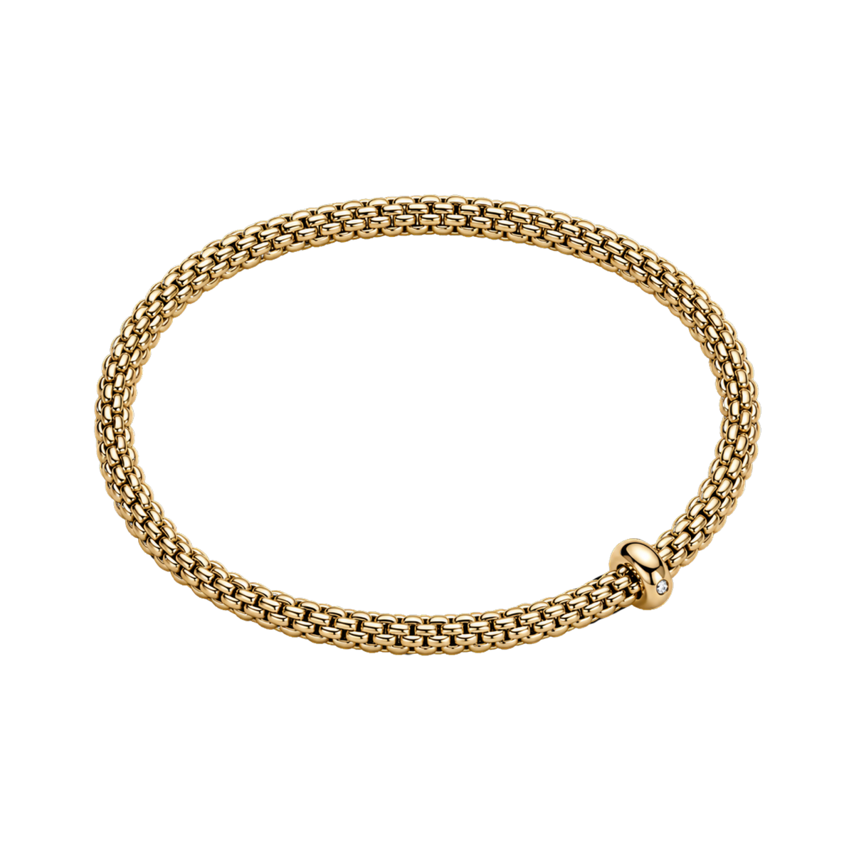 Elegant in every detail, this FOPE Prima bracelet is crafted from 18ct yellow gold and finished with a single 0.01ct diamond for subtle brilliance.