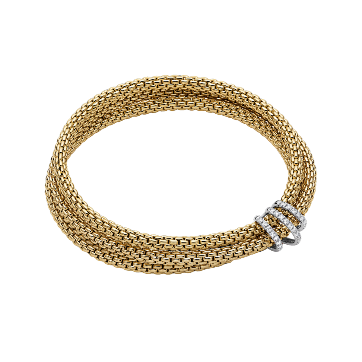 A brilliant 0.30ct diamond-set white gold rondel adds refined sparkle to this medium FOPE Prima bracelet, beautifully crafted in 18ct yellow gold.