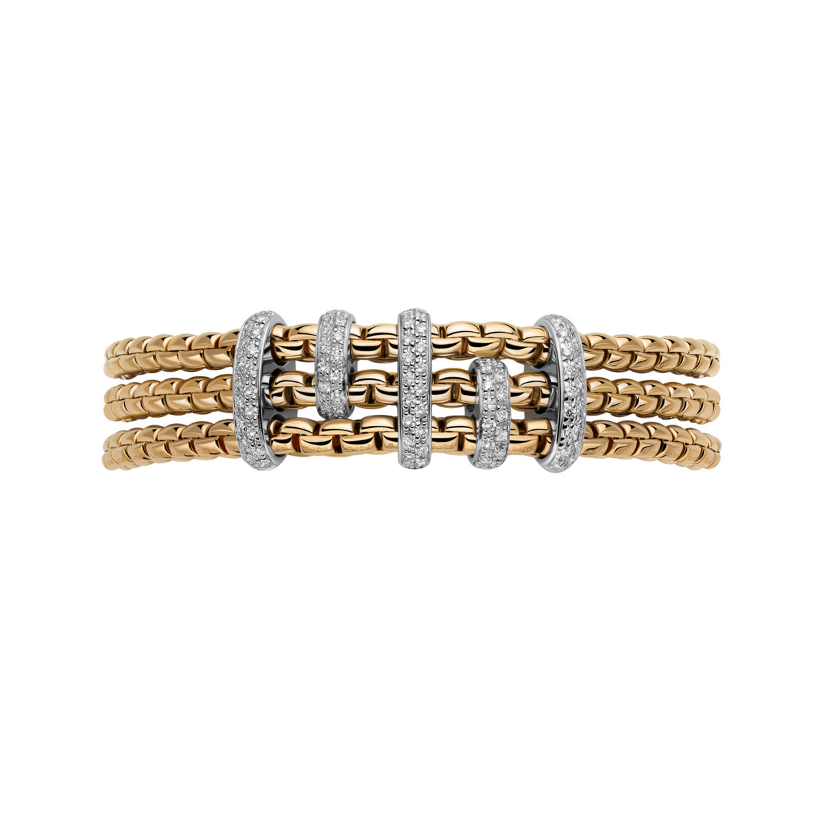Designed with FOPE's signature Flex'it technology, this medium Eka bracelet combines a triple mesh construction in yellow gold with a sparkling white gold diamond accent.