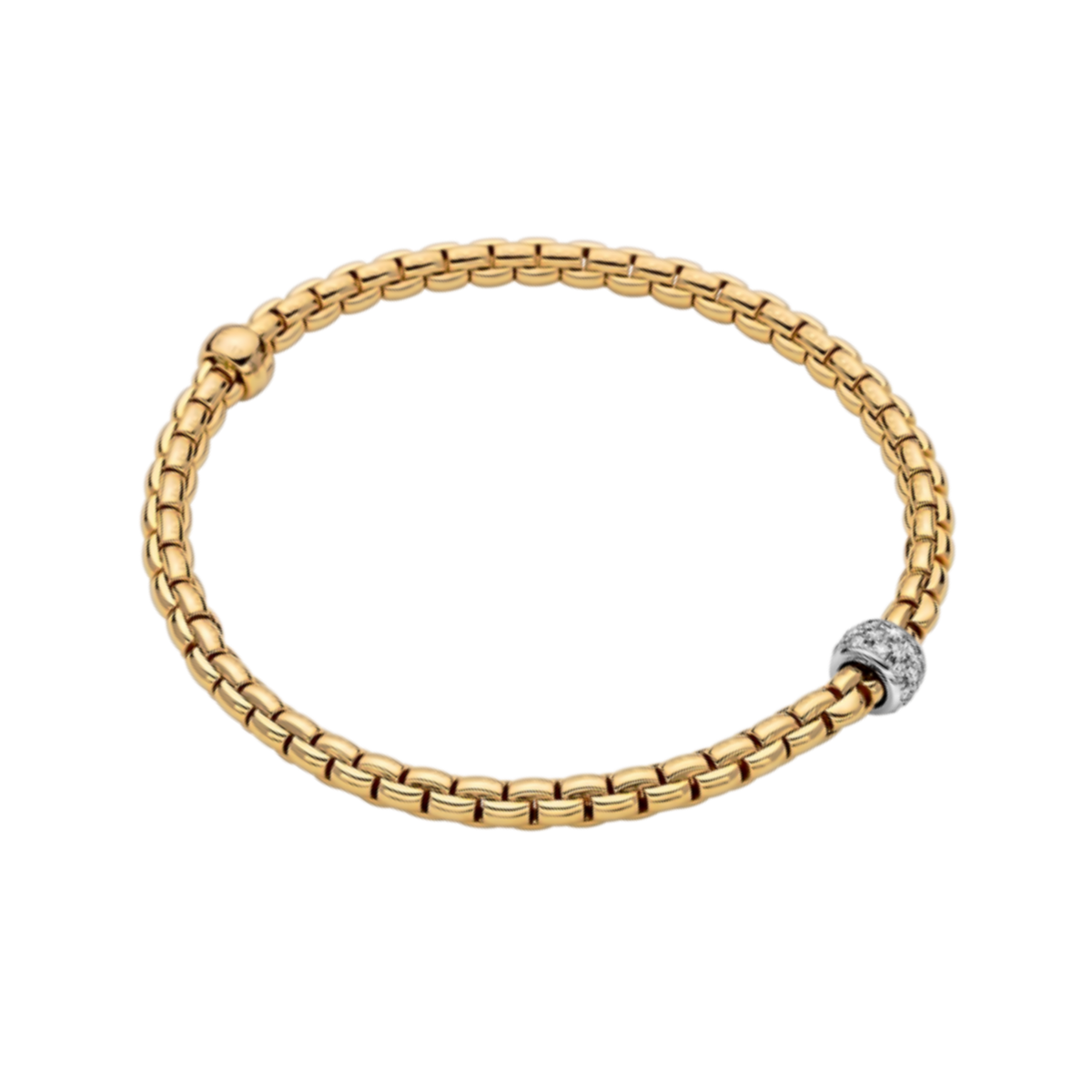 A white gold pavé diamond rondel adds a refined contrast to this small FOPE Eka Tiny bracelet, crafted in flexible 18ct yellow gold for everyday elegance.