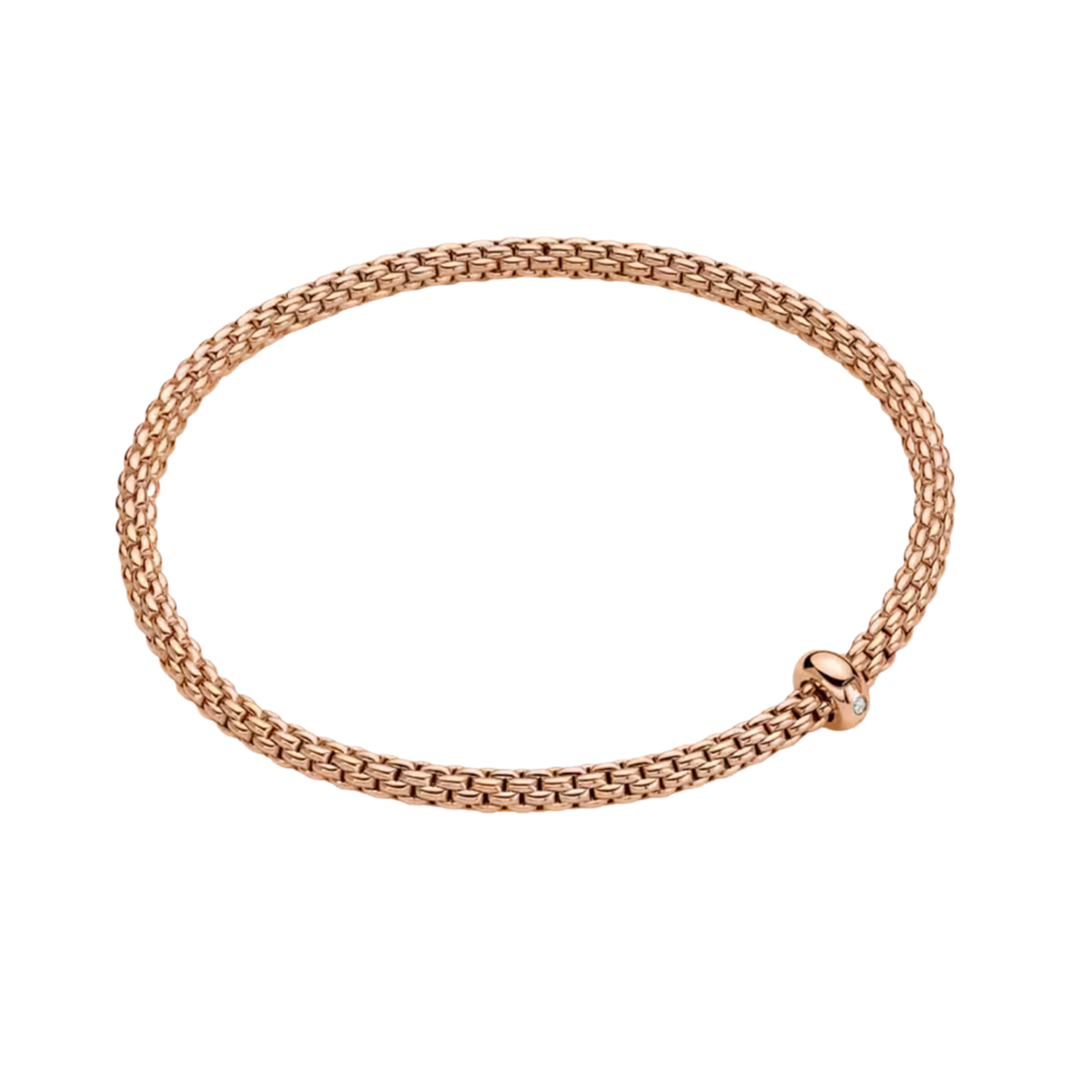 Warm 18ct rose gold gives this medium FOPE Prima bracelet its elegant character, enhanced by a single 0.01ct diamond and the signature Flex'it design.