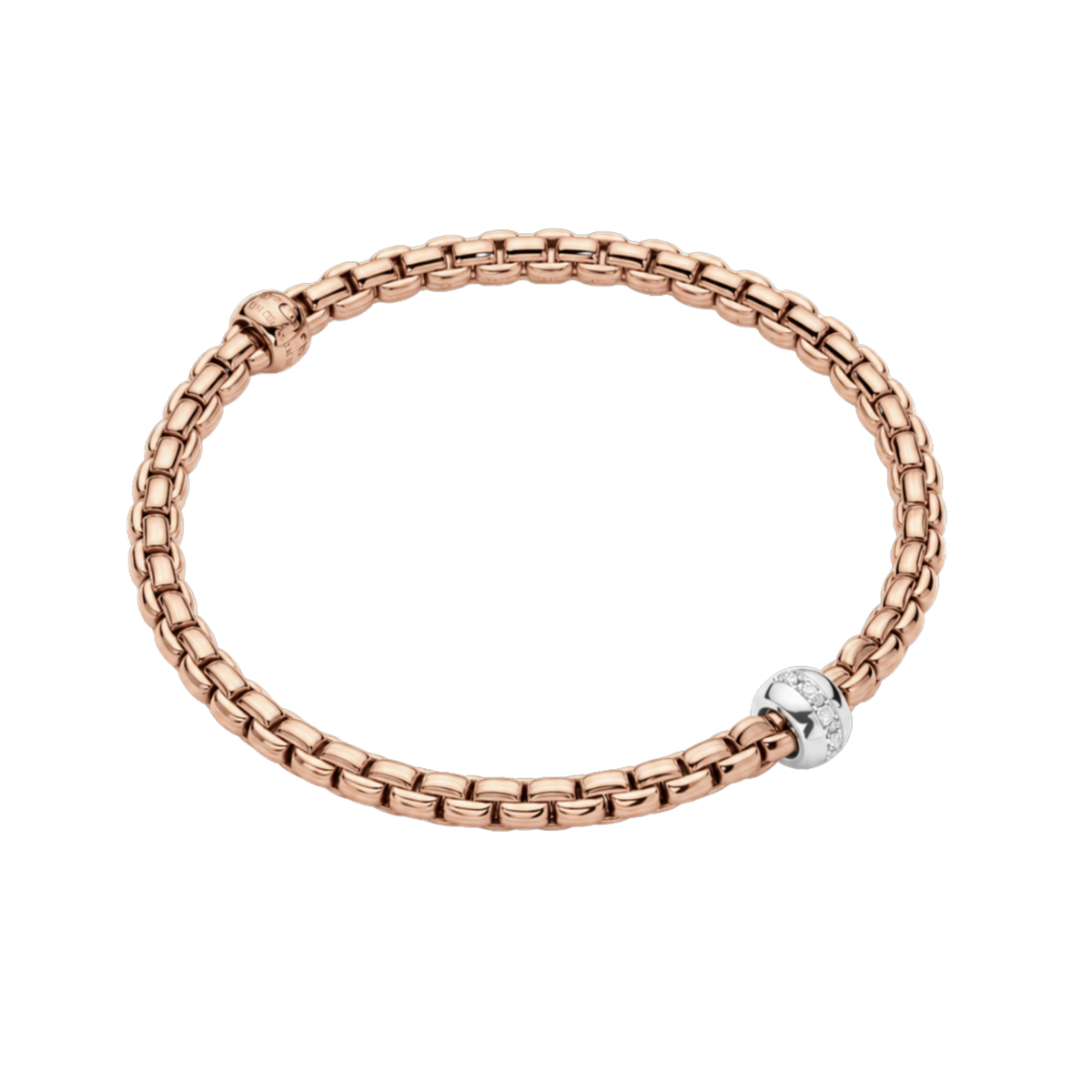 Warm 18ct rose gold gives this medium FOPE Prima bracelet its elegant character, enhanced by a single 0.01ct diamond and the signature Flex'it design.